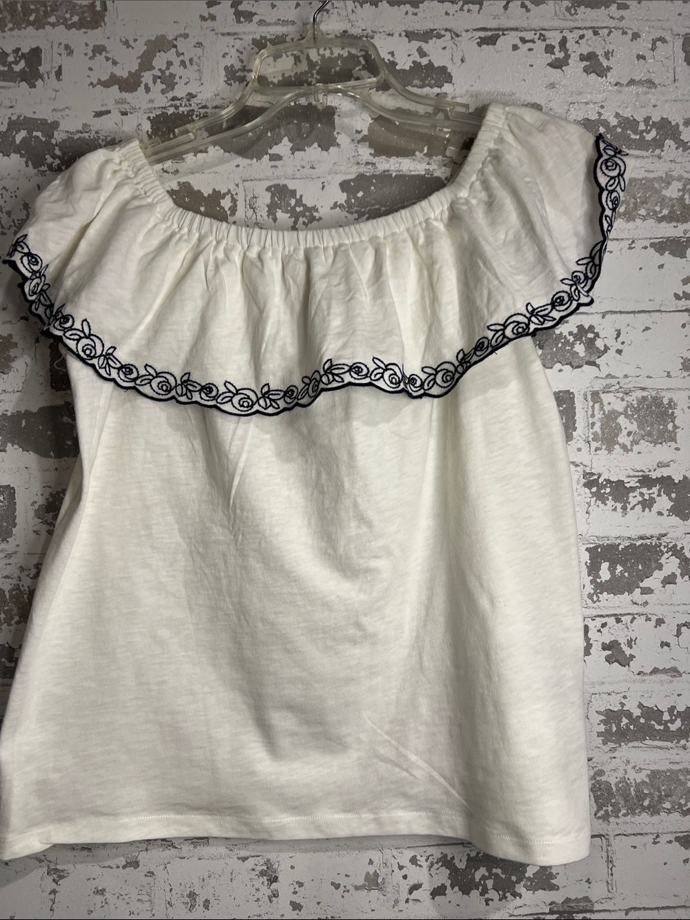 J. Crew White Off-Shoulder Camisole with Navy Embroidery